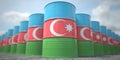 Barrels or oil drums with flag of Azerbaijan. Petroleum or chemical industry related 3D rendering