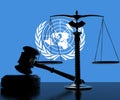 Judge gavel, scales and flag of the United Nations, editorial 3d rendering