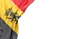 Flag of Belgium with coat of arms in the corner on white background. Isolated. 3D Rendering
