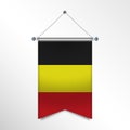 Flag of BELGIUM with texture. National banner Flag Hanging on a Silver Metallic Poles. Vertical 3D Pennant template