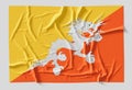 Flag of Bhutan. Fabric textured Bhutan flag isolated on white background. 3D illustration