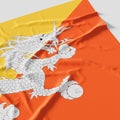 Flag of Bhutan. Fabric textured Bhutan flag isolated on white background. 3D illustration