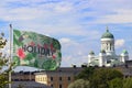 Flag blowing in the wind in Helsinki in Finland in summer.