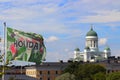 Flag blowing in the wind in Helsinki in Finland in summer.