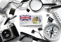 Flag of British Antarctic Territory and travel accessories on a white background.