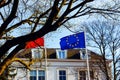 Flag building European Union together sky trees blue spring house roof Royalty Free Stock Photo