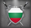 Flag of Bulgaria. The Shield with National Flag. Two Crossed Swords. Medieval Background Royalty Free Stock Photo