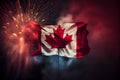 Flag of Canada and Holiday fireworks in majestic sky of National Independence day Royalty Free Stock Photo