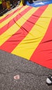 Flag and Catalan protesters in front of European Parliament