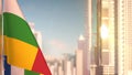 flag of Central African Republic on city skyscrapers buildings vanilla sunset background for memorial day - abstract 3D rendering