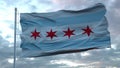 Flag of Chicago city waving in the wind against deep beautiful clouds sky. 3d rendering