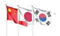 Flag of China and flag of Japan and South Korea. Flying on the cloudy sky. waving in the sky Royalty Free Stock Photo
