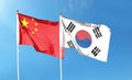 Flag of China flag and South Korea. Flying flag on the cloudy sky. waving in the sky Royalty Free Stock Photo