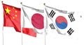 Flag of China and flag of Japan and South Korea. Flying on the cloudy sky Royalty Free Stock Photo