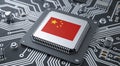 Flag of china on a processor CPU Central processing Unit or GPU microchip on a motherboard. Royalty Free Stock Photo