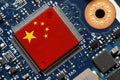 Flag of China on a processor, CPU Central processing Unit or GPU microchip on a motherboard Royalty Free Stock Photo