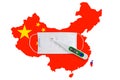 Flag of China and Taiwan with face mask and thermometer. Zero covid in China.