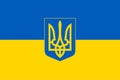 Flag and coat of arms of Ukraine. Blue and yellow flag of Ukraine with coat of arms in form of the Ukrainian trident. Vector