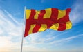 flag of county Northumberland , UK at cloudy sky background on sunset, panoramic view. County of united kingdom of great Britain,