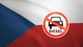 Flag of Czech with the sign of Diesel fuel ban. CO2 regulation of emissions. 3D illustration