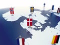 Flag of Denmark in focus among other European countries flags. Europe marked with table flags 3d rendering