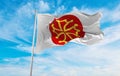 flag of department of Herault, France at cloudy sky background on sunset, panoramic view. French travel and patriot concept. copy