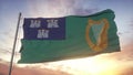 Flag of Dublin, capital city of Ireland waving in the wind, sky and sun background. 3d rendering