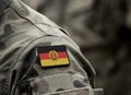 Flag of East Germany on military uniform. German Democratic Republic DDR. Collage