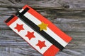 Flag of Egypt colors and stars by glittered colorful Eva foam sheets, colored cardboard, rubber pad, sponge papers for school arts