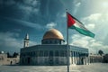 A flag flutters in front of a mosque under a cloudy sky Royalty Free Stock Photo