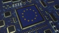 Flag of the EU on the operating chipset. European information technology or hardware development related conceptual 3D