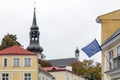 European Union flag waving on wind outdoors in european old town, EU