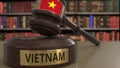 Flag of Vietnam on falling judges gavel in court. National justice or jurisdiction related conceptual 3D rendering