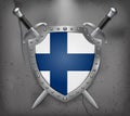 Flag of Finland. The Shield with National Flag. Two Crossed Swords. Medieval Background Royalty Free Stock Photo