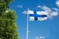 Flag of Finland on sky background.