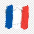 Flag of France from brush strokes and Blank map France. High quality map of France on transparent background. Stock vector. Royalty Free Stock Photo