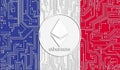 flag of France and ethereum coin, Integrated Circuit Board pattern. Ethereum Stock Growth. Conceptual image for investors in