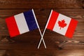 Flag of France and flag of Canada crossed with each other. The image illustrates the relationship between countries