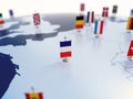 Flag of France in focus among other European countries flags. Europe marked with table flags 3d rendering