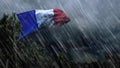 Flag of France with rain and dark clouds, stormy weather symbol - nature 3D illustration