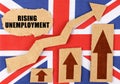 On the flag of Great Britain, a growth chart and a cardboard plate with the inscription - Rising unemployment