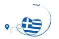 Flag Greece. Heart, love romantic travel. Symbol of airplane, air plane, aircraft, aeroplane, flying, fly jet airline.