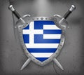 Flag of Greece. The Shield with National Flag. Two Crossed Sword