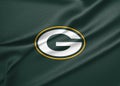 Flag Green Bay Packers, flag of American football team Green Bay Packers, fabric flag Green Bay Packers, 3D work and 3D image.