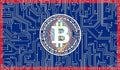 flag of Guam state of USA and bitcoin, Integrated Circuit Board pattern. Bitcoin Stock Growth. Conceptual image for investors in