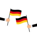 Flag in hand, round icons on white background. Human hands holding German flag. Isolated vector illustration.