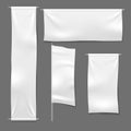 Flag and hanging banners. White advertising blank textile banner fabric horizontal cloth sign, textile ribbons set