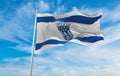 flag of Herzliya , Israel at cloudy sky background on sunset, panoramic view. Israeli travel and patriot concept. copy space for