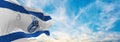 flag of Herzliya , Israel at cloudy sky background on sunset, panoramic view. Israeli travel and patriot concept. copy space for