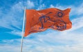 flag of Hof Azza Regional Council , Israel at cloudy sky background on sunset, panoramic view. Israeli travel and patriot concept